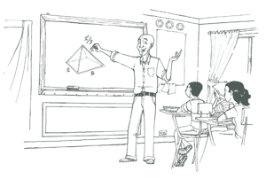 teacher pointing at pyramid drawing